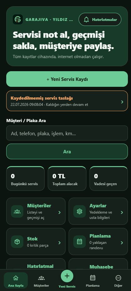 Garajiva mobil uygulaması ana paneli